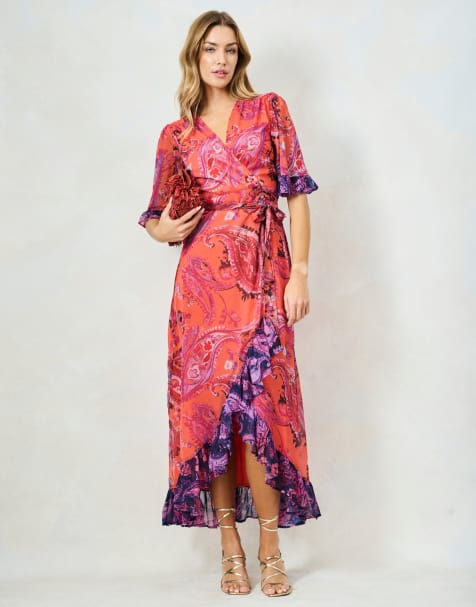 Hope & Ivy The zella contrast frill maxi wrap dress in orange and purple