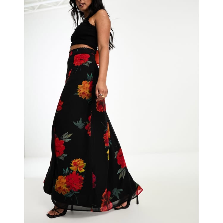 Long black skirt 2025 with red flowers