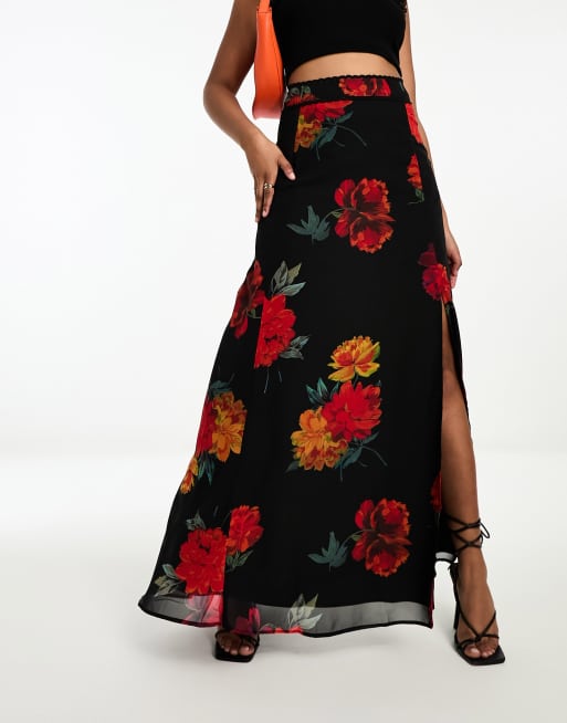 Long black 2025 red floral skirt