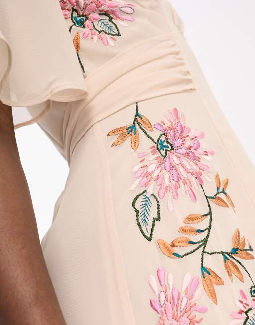 green emerald velvet dress Peach Floral Embroidered Midi Dress - All Dresses