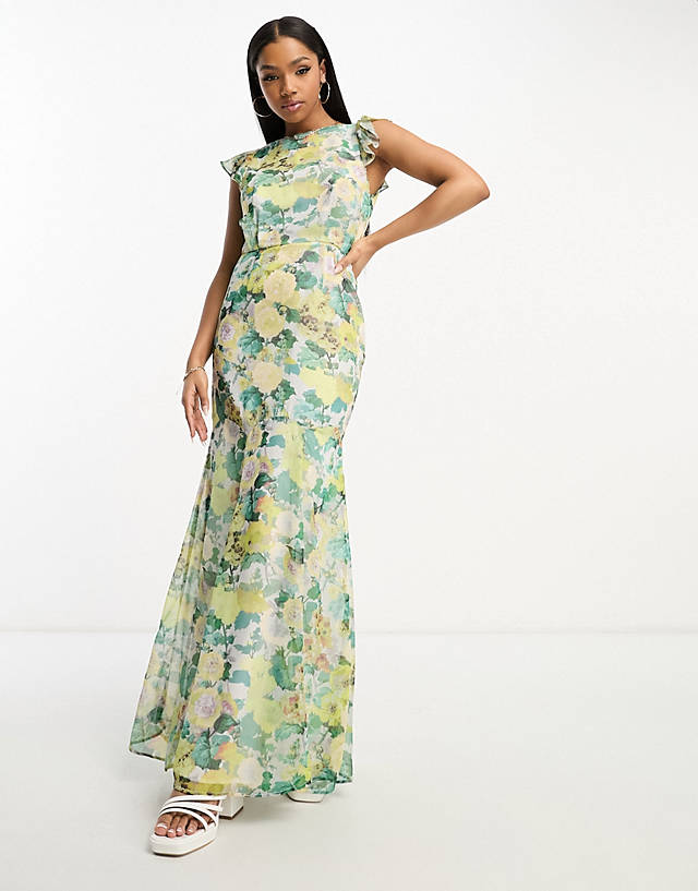 Hope & Ivy tie back frill maxi dress in green floral