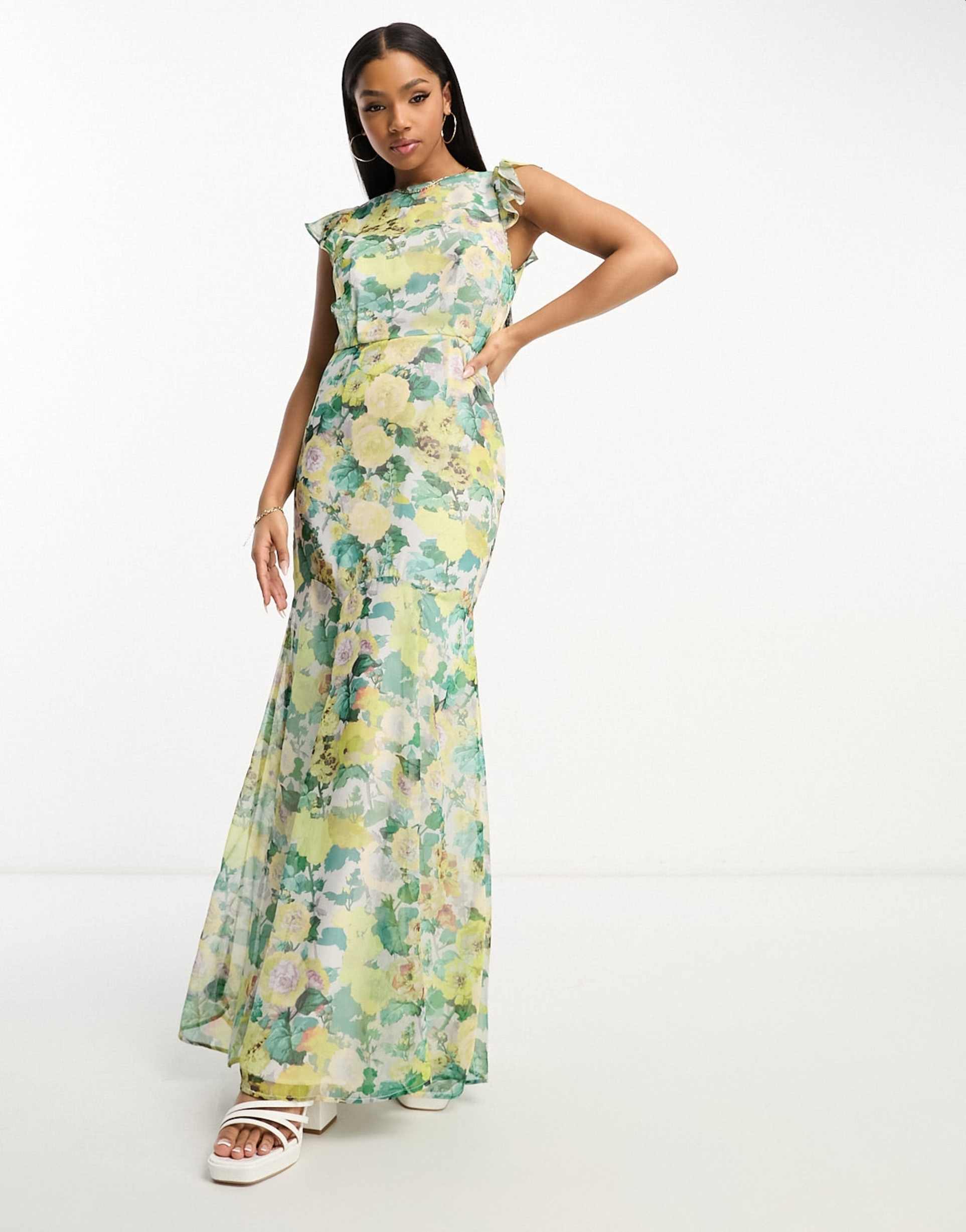 hope & ivy tie back frill maxi dress in green floral