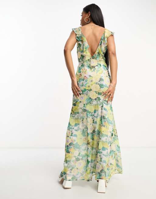 Hope & Ivy tie back frill maxi dress in green floral