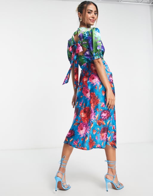 Hope & Ivy tie back satin midi dress in contrast floral, 2 of 4