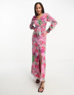 Hope & Ivy tie front split maxi dress in pink floral