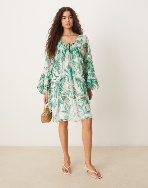 Hope & Ivy tie neck frill sleeves mini dress in green palm print - view 1