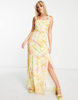 Hope & Ivy Tie Shoulder Belted Maxi Dress In Bright Pastel Floral-multi