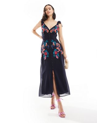 tie shoulder embroidered midi dress in navy-Blue