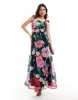 Hope & Ivy Tie Shoulder Maxi Dress In Dark Base Floral-multi