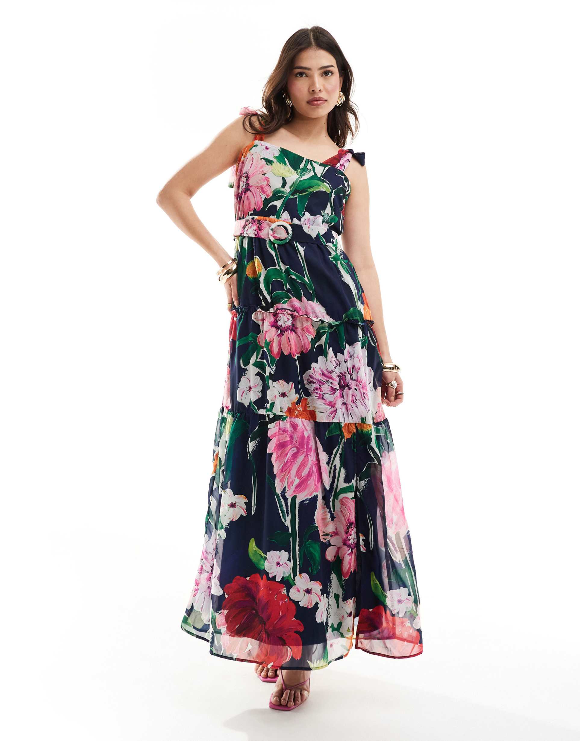 hope & ivy tie shoulder maxi dress in dark base floral