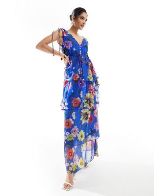tie shoulder maxi dress with tiered skirt in cobalt floral-Blue