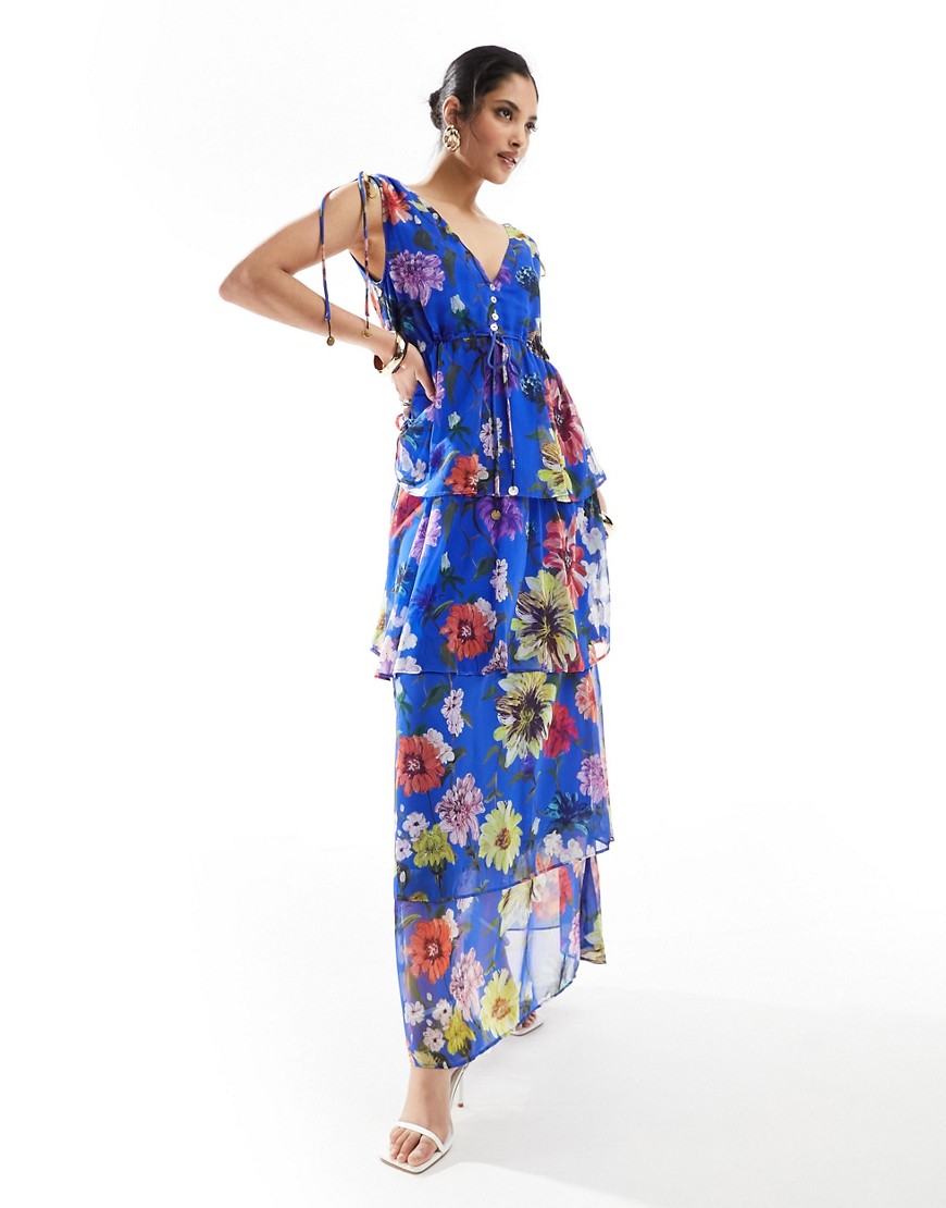 Hope & Ivy tie shoulder maxi dress with tiered skirt in cobalt floral-Blue
