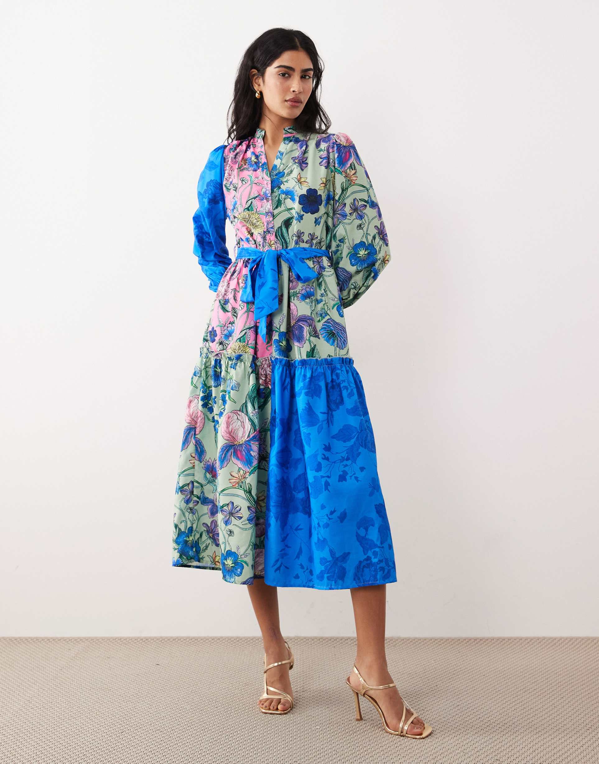 hope & ivy tie waist midaxi shirt dress in blue mixed floral print