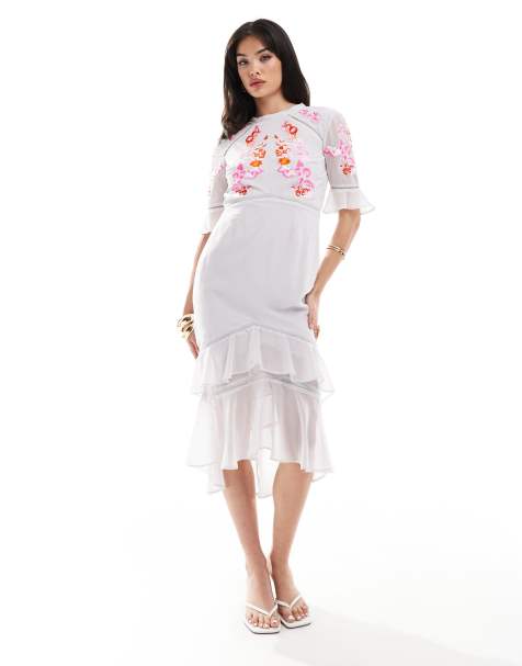 Hope & Ivy tiered midi dress with pephem in grey with red embroidery - view 1