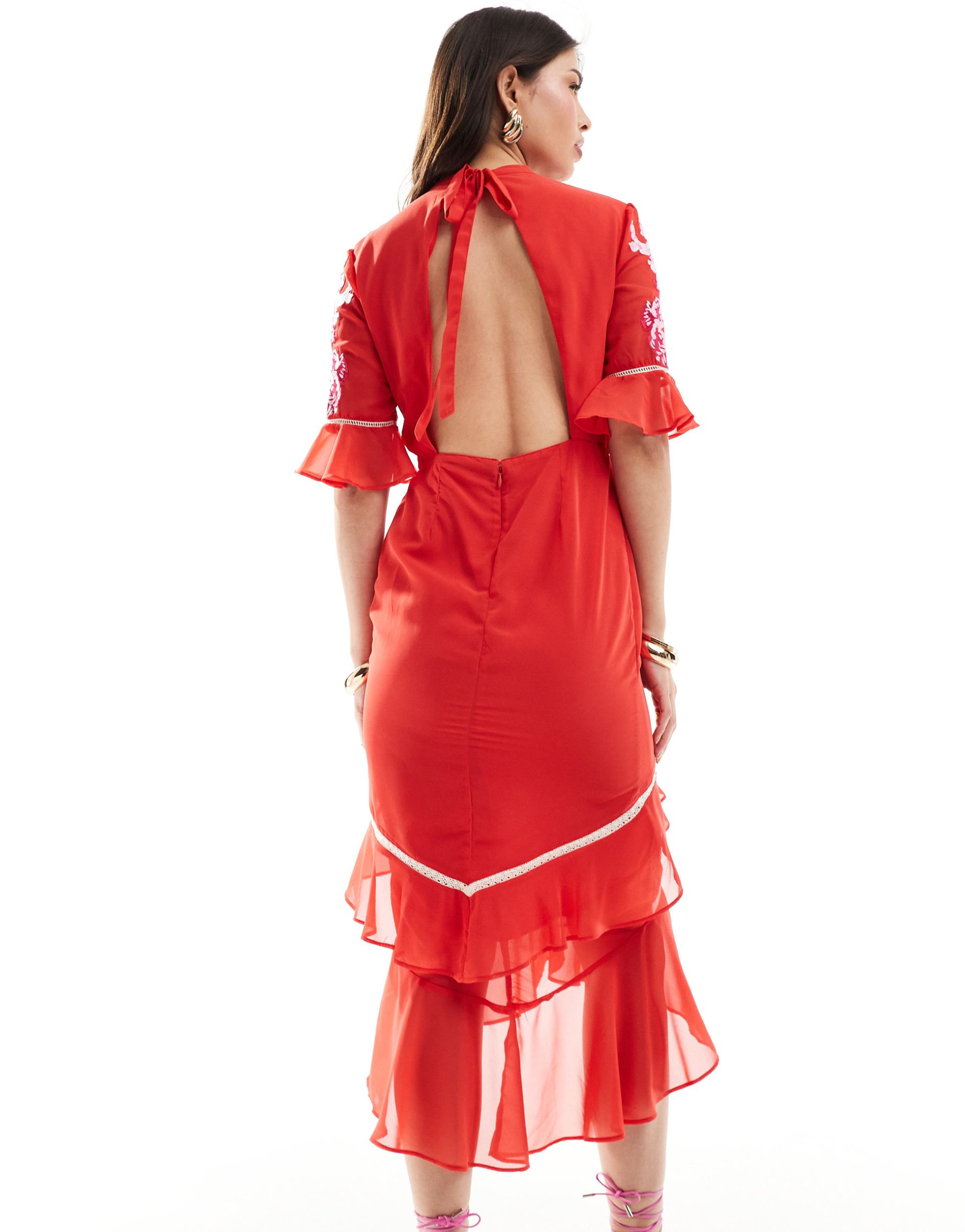 hope & ivy tiered midi dress with peplum in red with white embroidery
