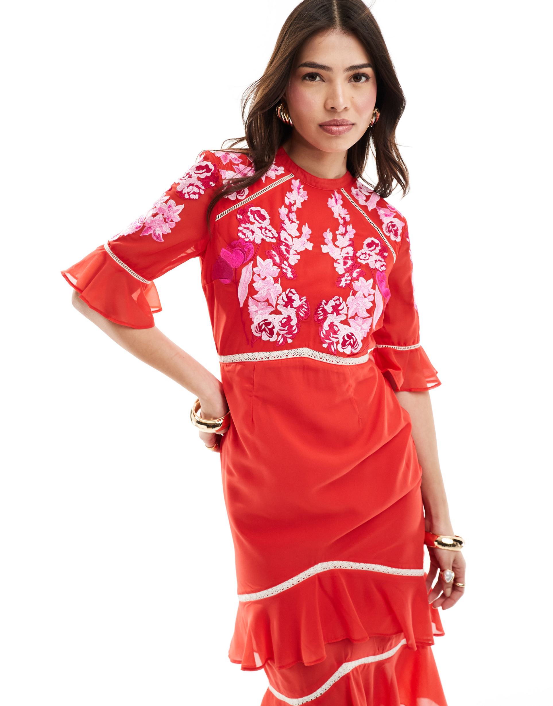 hope & ivy tiered midi dress with peplum in red with white embroidery