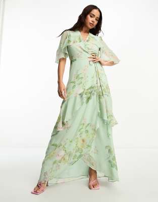 Hope & Ivy Maternity Wrap Maxi Tea Dress In Coral Floral-Green