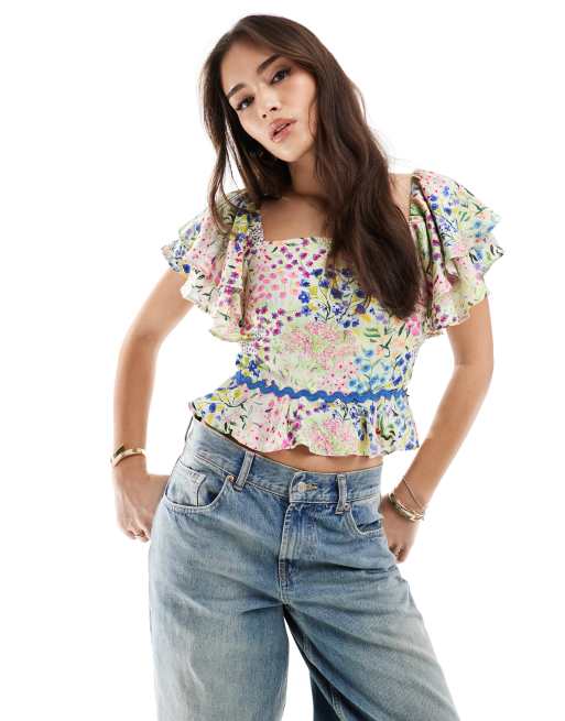 Hope & Ivy - Top multicolore con peplo, scollo squadrato e volant sulle maniche