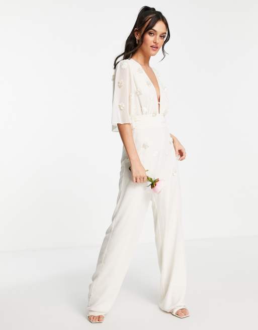 Hope & Ivy - Tuta jumpsuit da sposa ricamata color avorio con scollo profondo