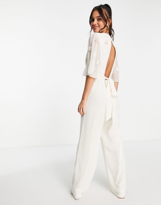 Hope & Ivy - Tuta jumpsuit da sposa ricamata color avorio con scollo profondo, 4 di 4