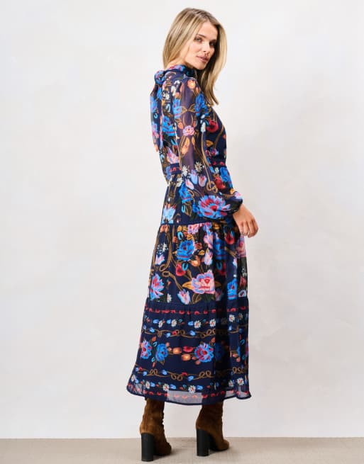 Hope & Ivy Twila high neck blouson sleeve midi dress with belt in blue multi, 2 of 6