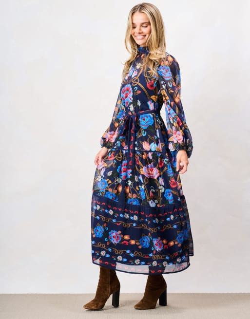 Hope & Ivy Twila high neck blouson sleeve midi dress with belt in blue multi, 4 of 6