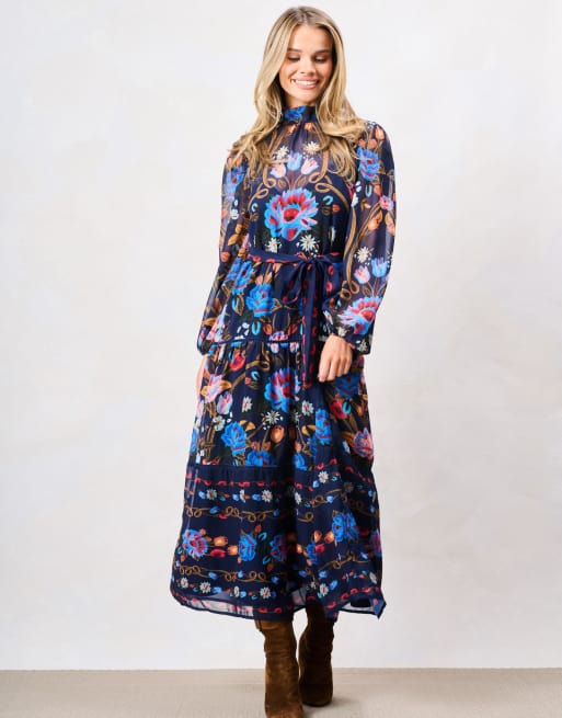 Hope & Ivy Twila high neck blouson sleeve midi dress with belt in blue multi, 5 of 6
