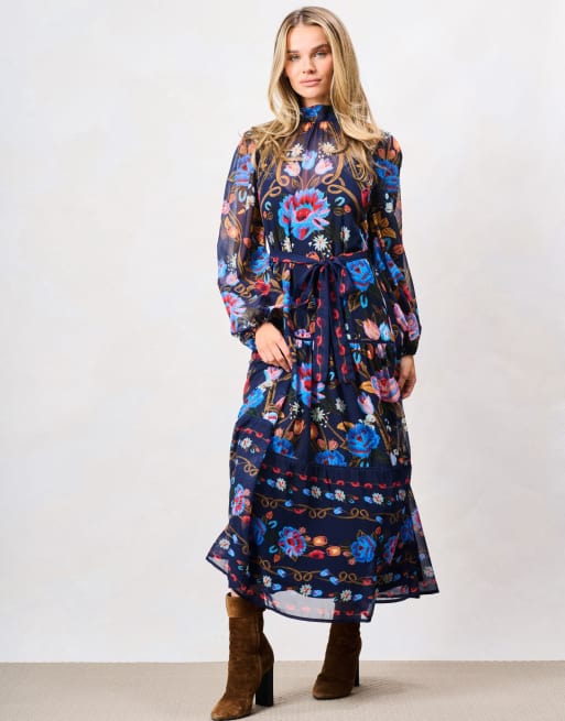 Hope & Ivy Twila high neck blouson sleeve midi dress with belt in blue multi, 6 of 6