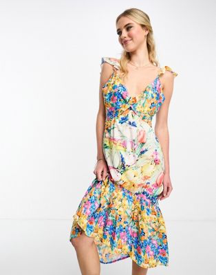 Hope & Ivy Twist Front High Low Midi Dress In Bright Floral-multi