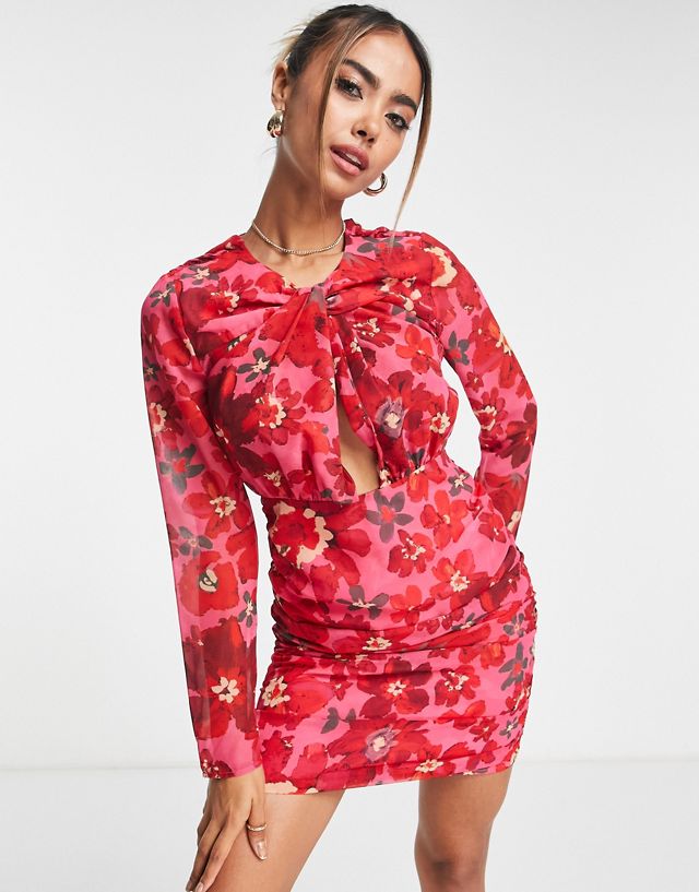 Hope & Ivy twist front mini dress in red floral