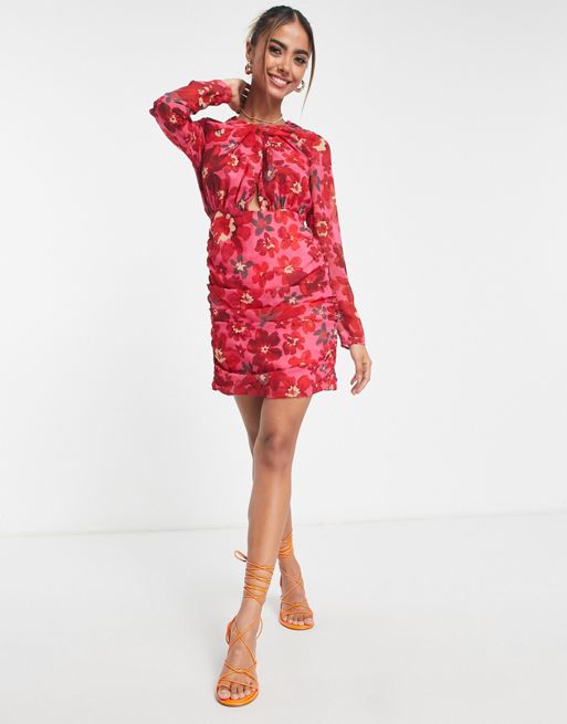 Hope & Ivy twist front mini dress in red floral | ASOS