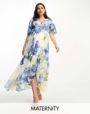 Hope & Ivy - Umstandsmode - Maxi-Wickelkleid mit Rüschen und Blumenmuster in Blau-Bunt