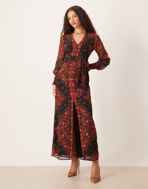 Hope & Ivy v-neck button front maxi dress in black and red floral - view 1