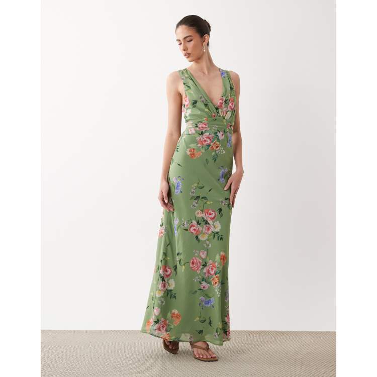 Hope & Ivy v-neck button front maxi dress with tie waist in green floral  print | ASOS