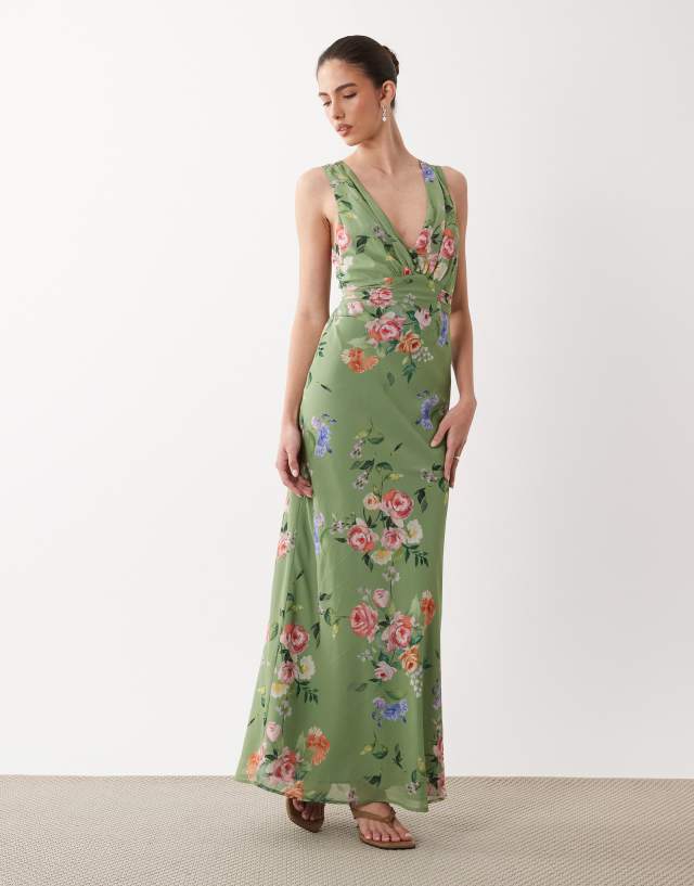green floral button down dress Hope & Ivy v-neck front maxi with tie waist in print jacket