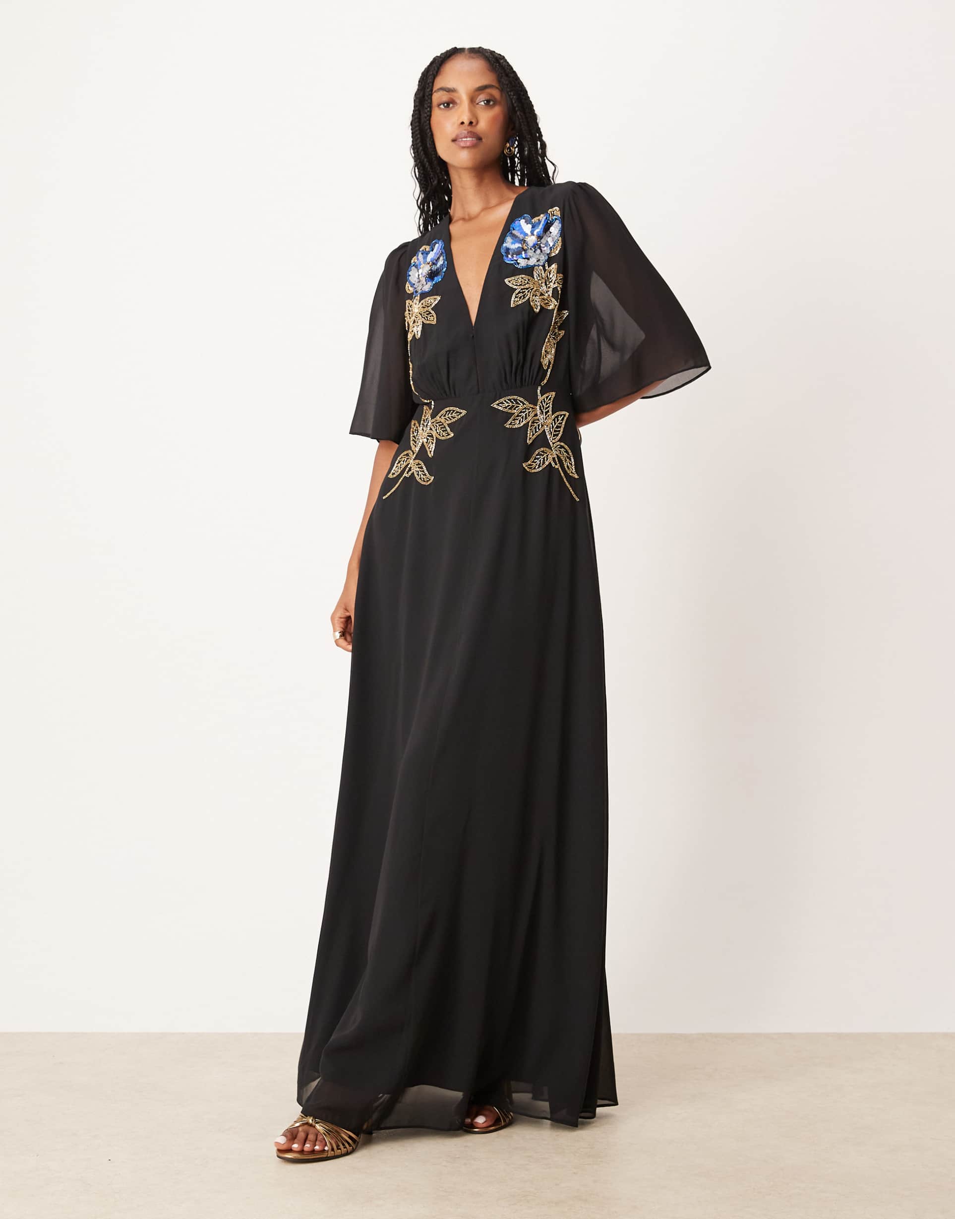 hope & ivy v-neck embellished maxi dress in black and gold