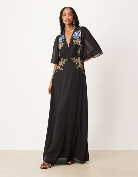 Hope & Ivy v-neck embellished maxi dress in black and gold