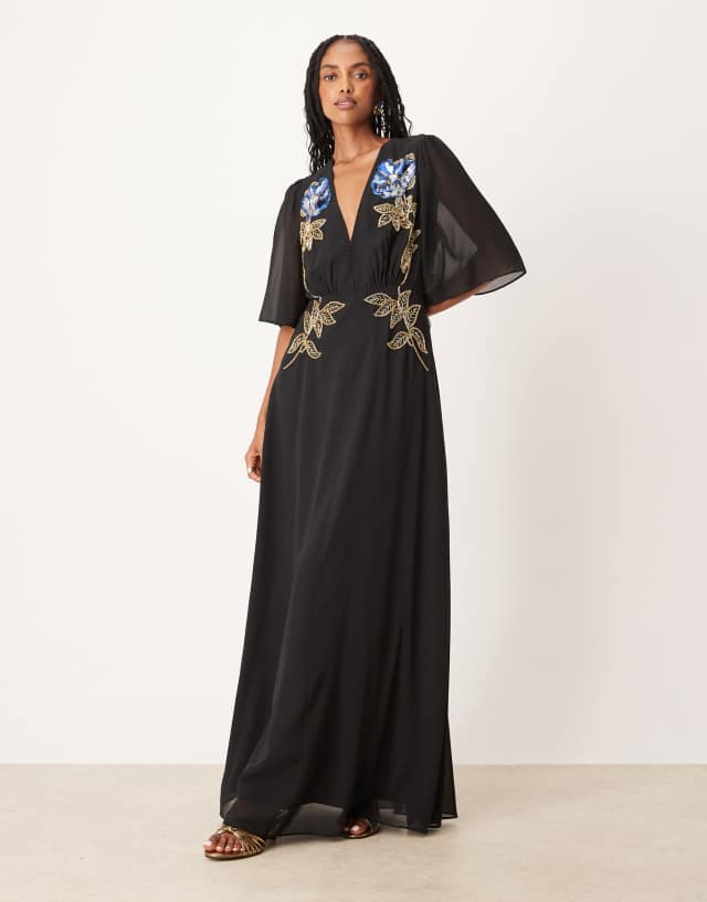 Hope & Ivy v-neck embellished maxi dress in black and gold