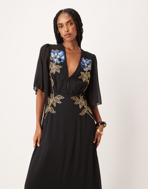 Hope & Ivy v-neck embellished maxi dress in black and gold, 4 of 4