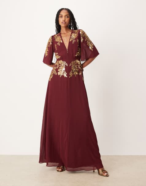 Hope & Ivy v-neck embellished maxi dress in burgundy