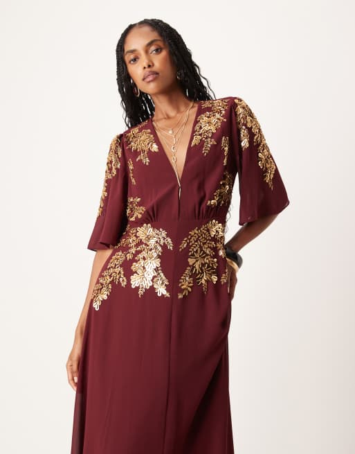Hope & Ivy v-neck embellished maxi dress in burgundy, 2 of 4