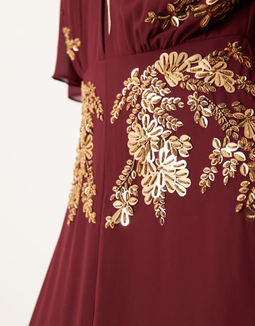 Hope & Ivy v-neck embellished maxi dress in burgundy, 4 of 4