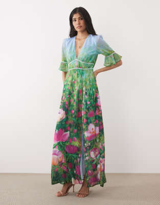 Hope & Ivy V Neck Frill Detail Short Sleeve Split Front Maxi Dress In Green