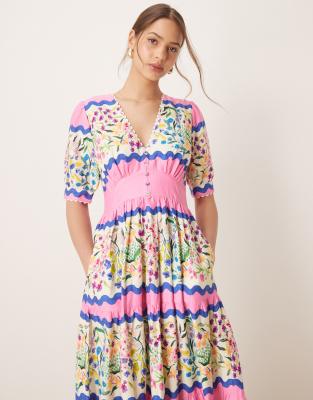 Hope & Ivy V-neck Puff Sleeve Midi Smock Dress