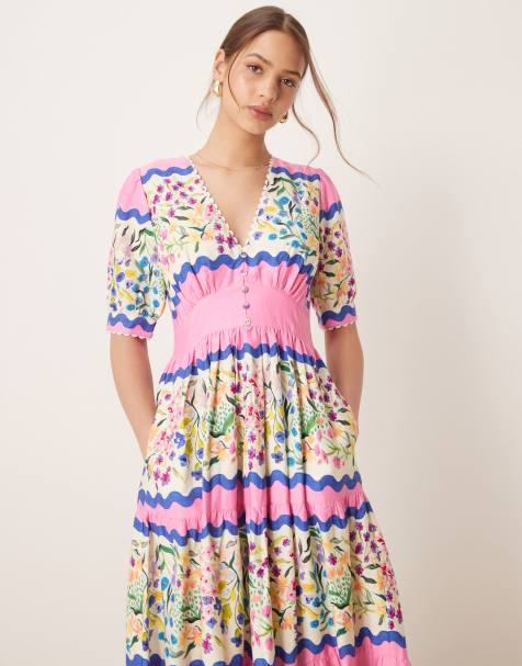 Hope & Ivy v-neck puff sleeve midi smock dress in multi - view 1