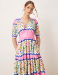 [Hope & Ivy] Hope & Ivy v-neck puff sleeve midi smock dress in multi-Purple 12 Pink Multi