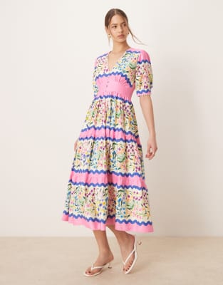 Hope & Ivy V-neck Puff Sleeve Midi Smock Dress