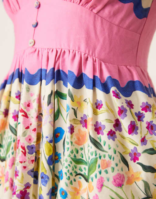 Hope & Ivy v-neck puff sleeve midi smock dress in multi, 4 of 4