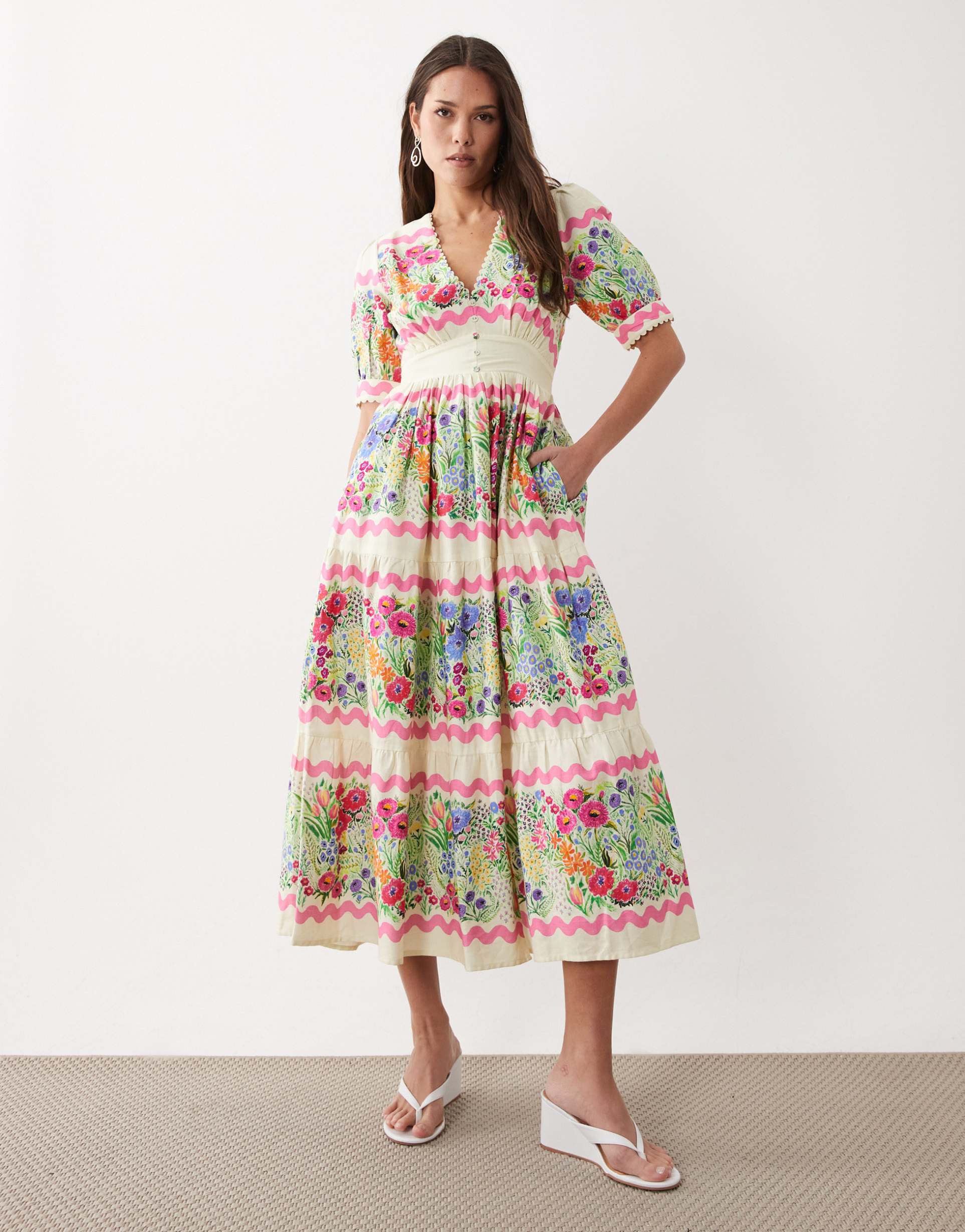 hope & ivy v-neck puff sleeve midi smock dress in white and pink floral