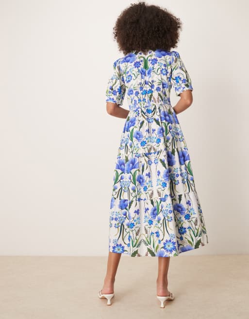 Hope & Ivy v-neck puff sleeve midi smock dress in white blue print, 3 of 4